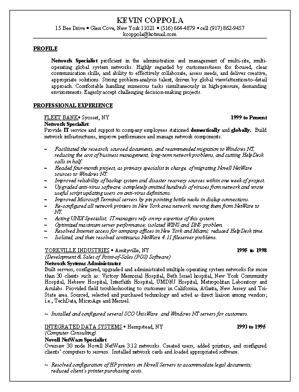 Sample Resume - Network Specialist